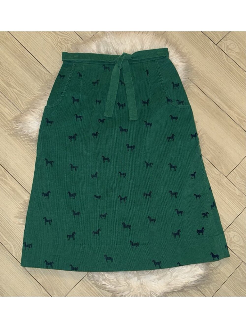 Vintage Vtg The Vested Gentress A Line Corduroy Skirt Horses Womens Green Blue